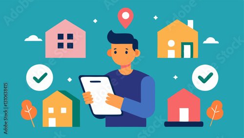 Real Estate Investor An illustrated character reviewing property listings on a tablet while surrounded by icons of houses and rent checks representing income from rental