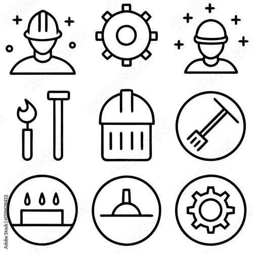 Labor Day in construction industry line art icon set vector illustration. International Labor Day
