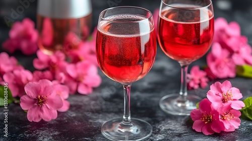 Pink wine glasses, spring flowers, dark background photo