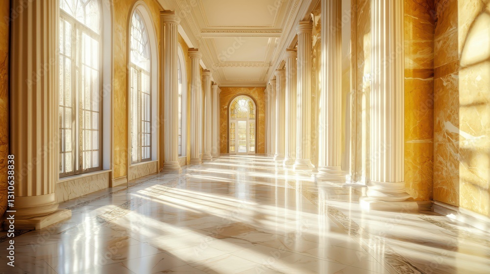 Serene Hallway with Polished Marble and Elegant Columns Serene Hallway with Polished Marble and Elegant Columns