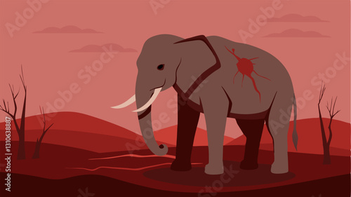 Suffering Elephant An elephant with scars on its body standing alone in a barren landscape with its trunk down reflecting sadness and despair.