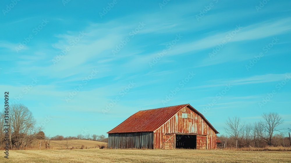 Serene Rusted Barn Structure Against Blue Sky and Open Field Serene Rusted Barn Structure Against Blue Sky and Open Field