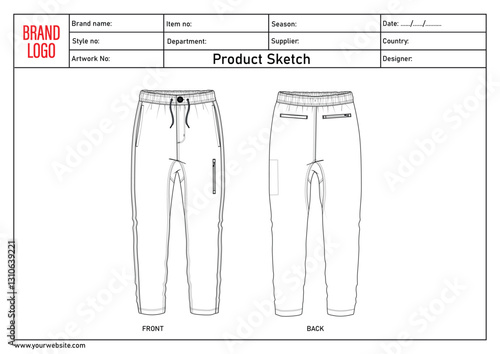 Sweat pant technical drawing fashion flat sketch template with clothing tech pack details