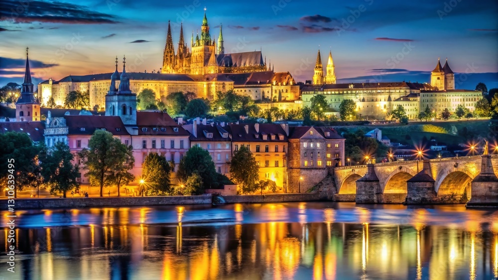 Obraz premium Majestic Prague Castle Night View: Illuminated Architecture & Cityscape