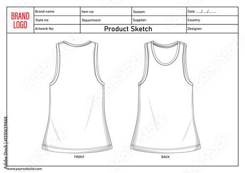 Tank tops technical drawing template with tech pack details