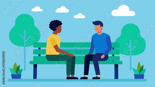 Supportive Conversations Two employees sitting on a bench in an office park having a supportive and friendly conversation showcasing the importance of peer support.