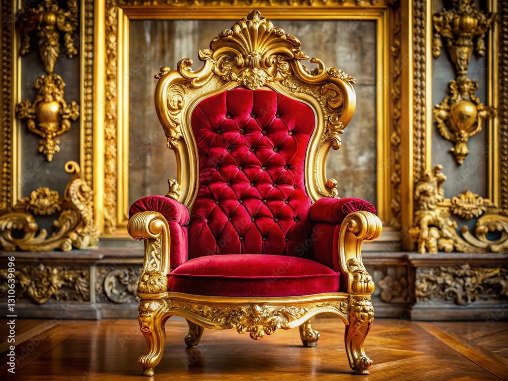 Majestic Red Velvet Throne in Ornate Golden Frame - Regal Royalty Stock Photo Majestic Red Velvet Throne in Ornate Golden Frame - Regal Royalty Stock Photo