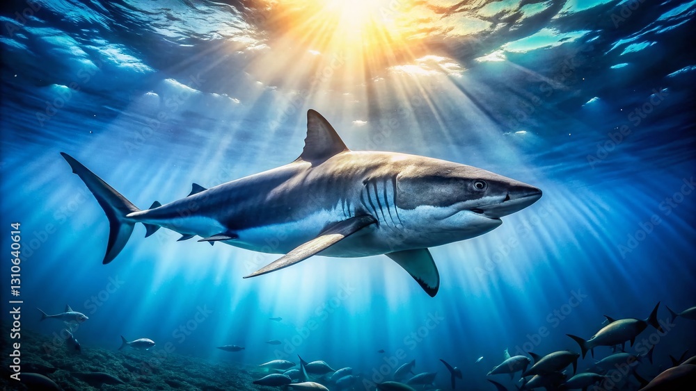 Fototapeta premium Majestic Shark Gracefully Swimming in the Ocean Depths: A Documentary Photography Style Image