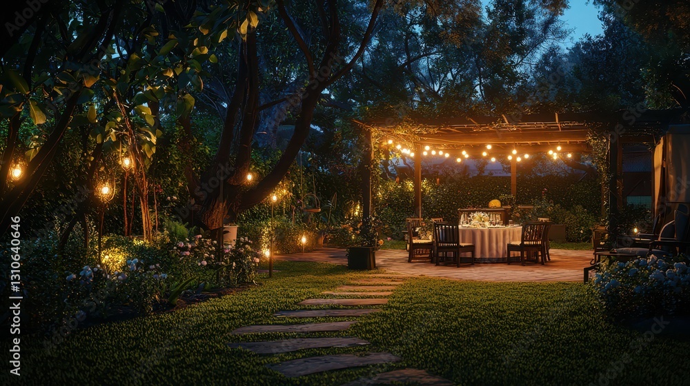 Fototapeta premium Serene Outdoor Event Space Illuminated at Night with Warm Lights
