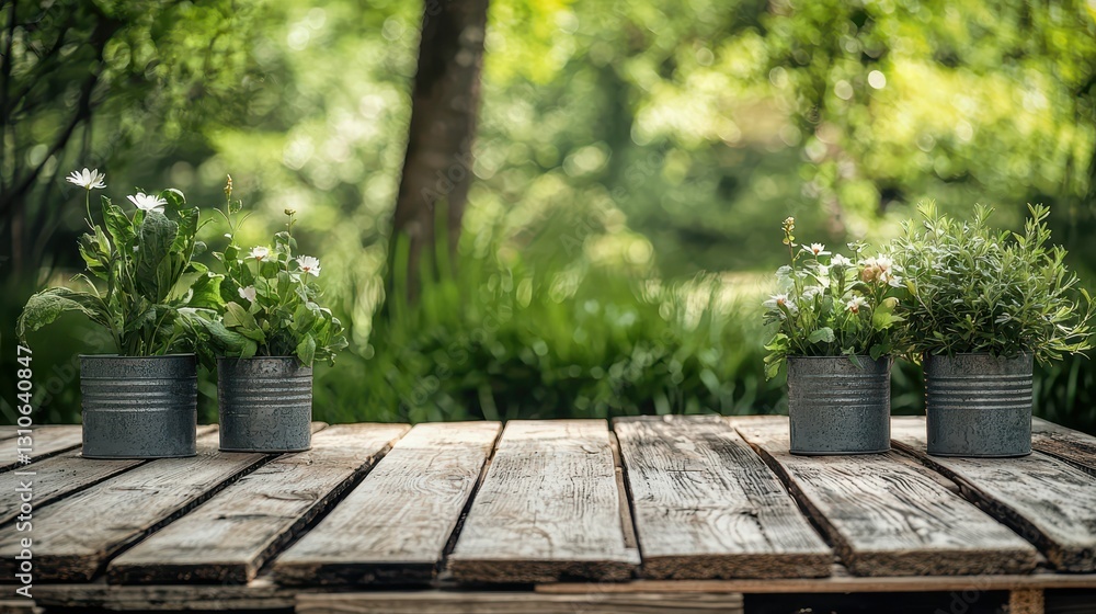 Serene Wooden Table Setup with Pots of Fresh Green Plants Serene Wooden Table Setup with Pots of Fresh Green Plants
