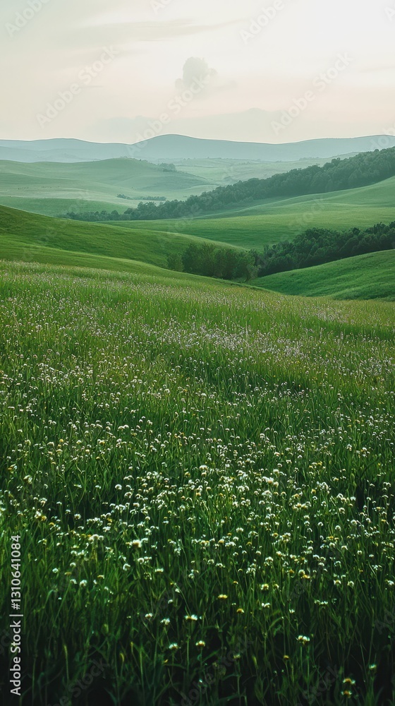 Serene Pastoral Field Dotted with Wildflowers Under Soft Light Serene Pastoral Field Dotted with Wildflowers Under Soft Light