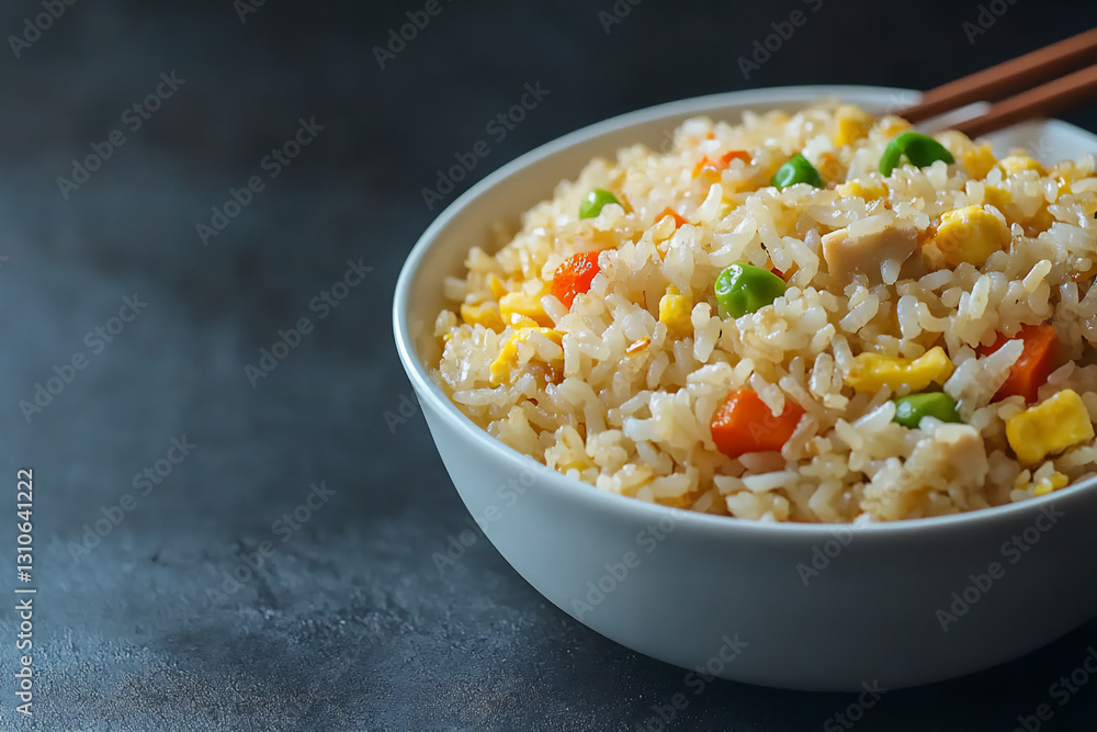 fried rice with vegetables in a white bowl on a table, side view. fried rice with vegetables in a white bowl on a table, side view.