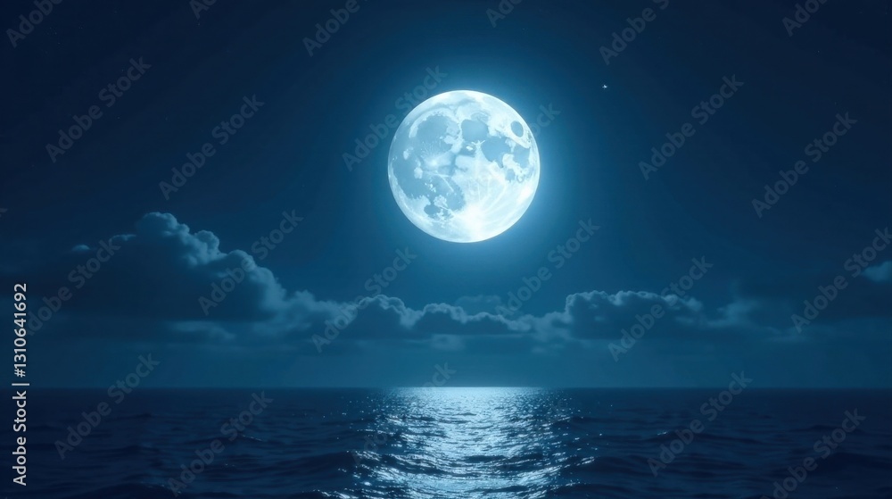 Serene Nighttime Seascape with a Full Moon Shining Brightly Over the Water Serene Nighttime Seascape with a Full Moon Shining Brightly Over the Water