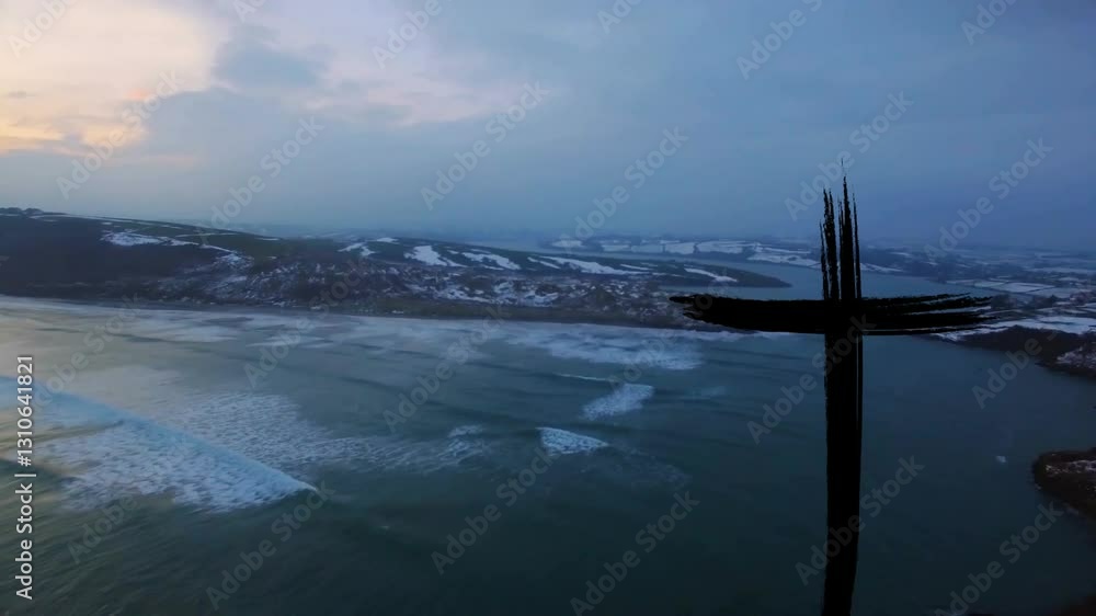 Snowy coastline with black cross symbol overlay in animation view Snowy coastline with black cross symbol overlay in animation view