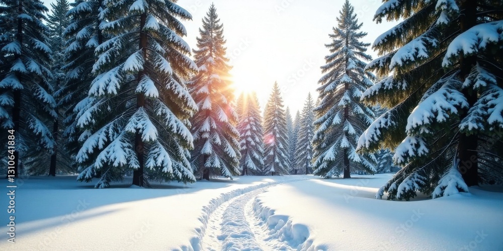 Fototapeta premium A sunlit path winds through a snow-covered evergreen forest, the branches heavy with winter's pristine blanket.