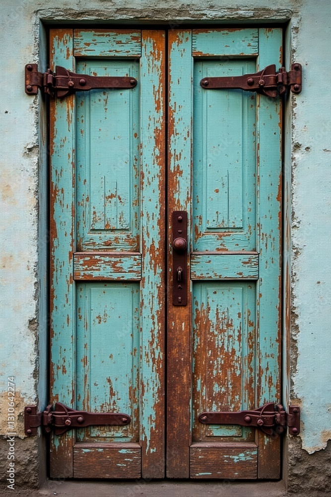 A weathered teal double door with rusty hinges and flaking paint, set within a worn wall A weathered teal double door with rusty hinges and flaking paint, set within a worn wall