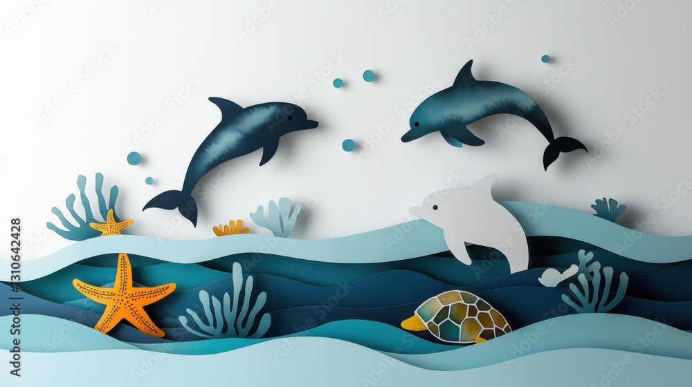 Fototapeta premium Playful Dolphins Swimming Gracefully in Clear Ocean Waters Under Sunlight