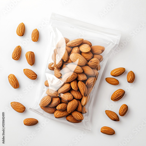 Half Open Mamra Almonds Pouch with Almonds Spread Around