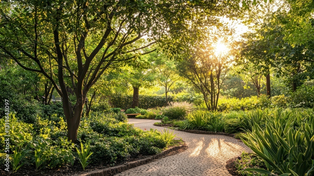 Serene Urban Garden Oasis with Lush Trees and Gentle Sunlight Serene Urban Garden Oasis with Lush Trees and Gentle Sunlight