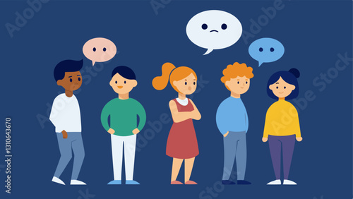 Social Exclusion Create a scene with a group of friends happily together while another individual stands apart isolated with a thought bubble filled with sad emojis representing