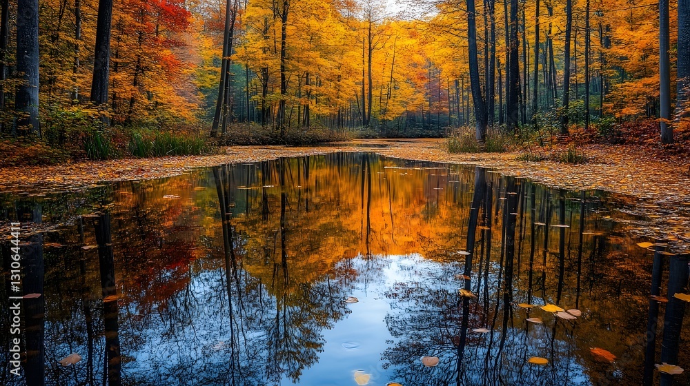 Obraz premium Enchanting Autumnal Forest Reflection in Serene Lake Landscape
