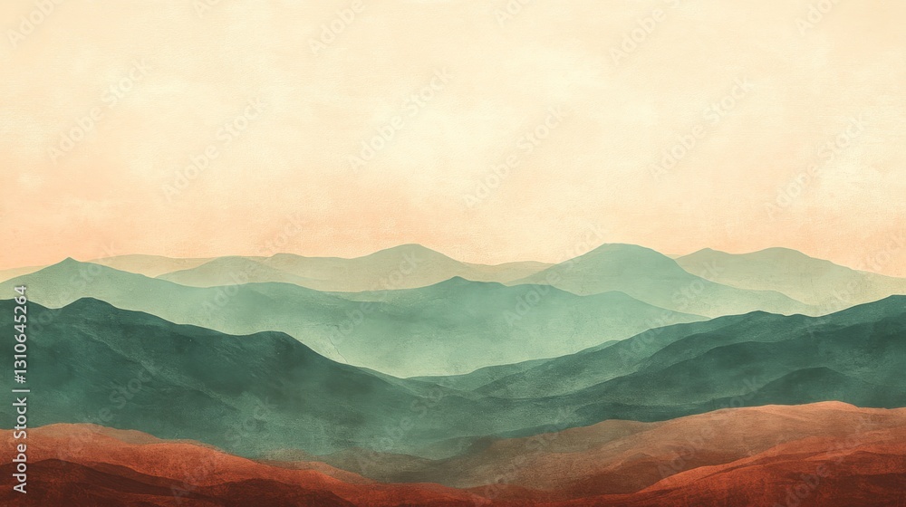 Painted landscape depicting rolling mountains beneath a pale sunset Painted landscape depicting rolling mountains beneath a pale sunset