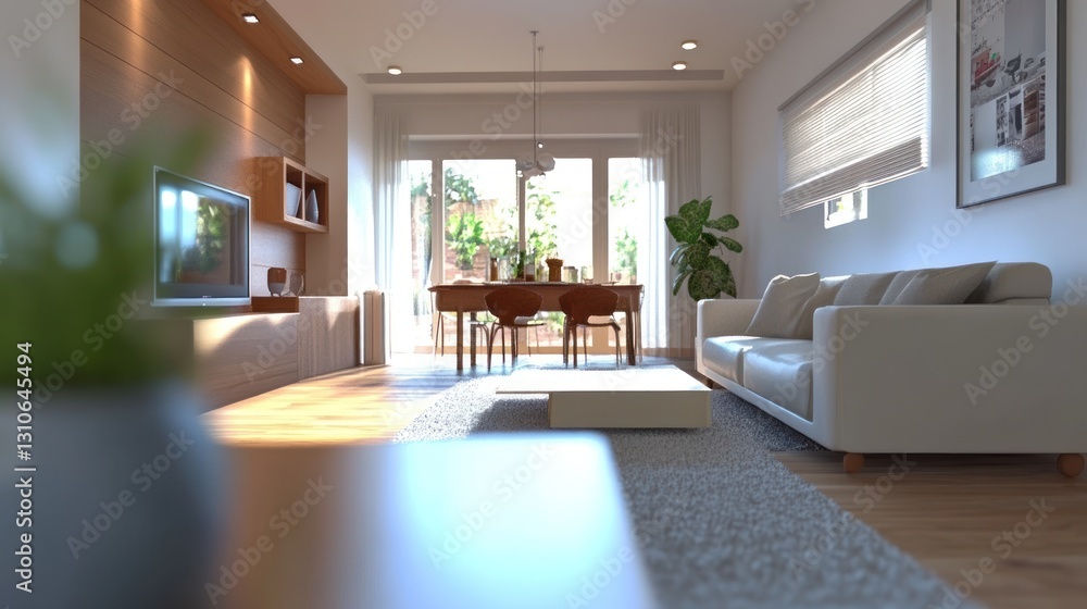 Naklejka premium Bright modern living room with dining area and greenery