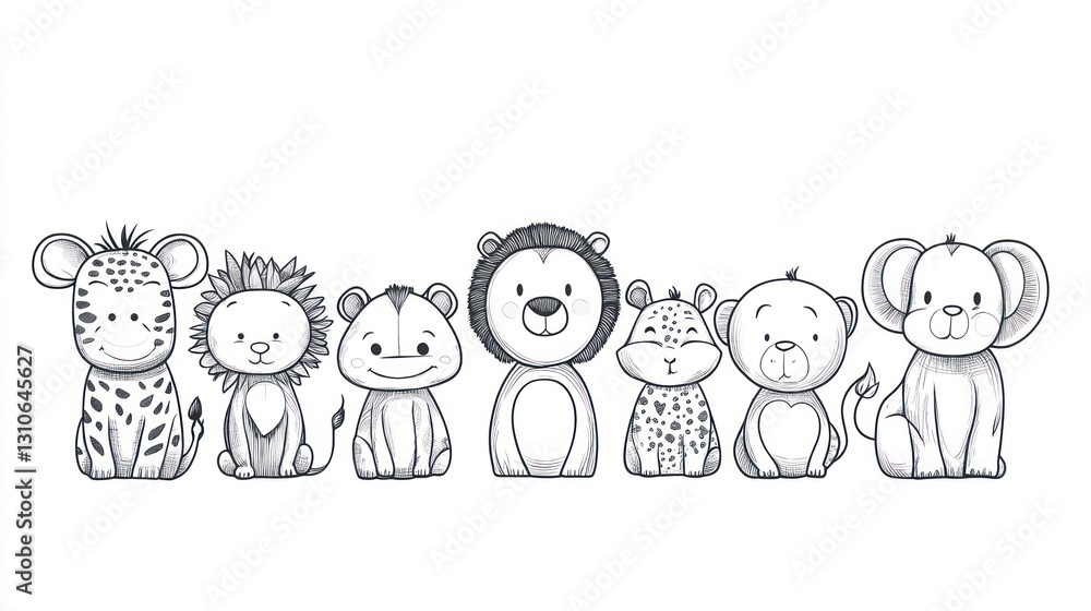 Line art illustrations of various cute cartoon wild animals Line art illustrations of various cute cartoon wild animals