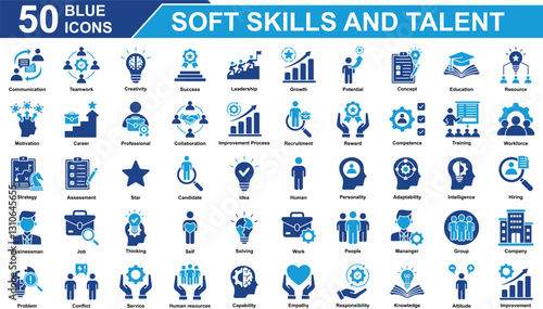 Soft Skills And Talent Icon Set Collection. Containing communication, teamwork, creativity, success, leadership, growth, potential, concept, education, resource, job. Simple Blue Vector Illustration.