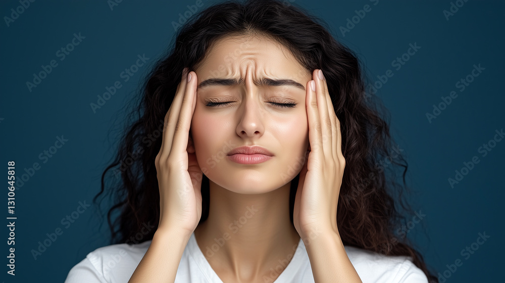 Woman Experiencing Intense Head Pain, Pressing Her Temples Woman Experiencing Intense Head Pain, Pressing Her Temples