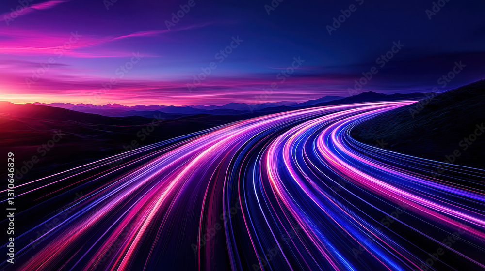 Dynamic highway scene capturing light trails of moving vehicles against a night sky filled with stars Dynamic highway scene capturing light trails of moving vehicles against a night sky filled with stars
