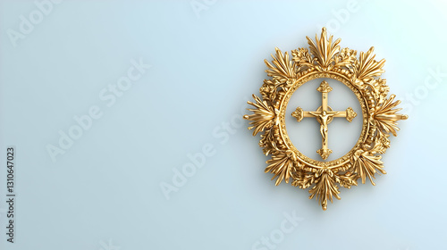 Ornate Golden Cross Emblem with Decorative Leaves and Floral Design