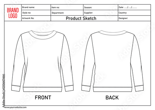 Sweatshirt technical drawing flat sketch template for ladies with clothing tech pack details