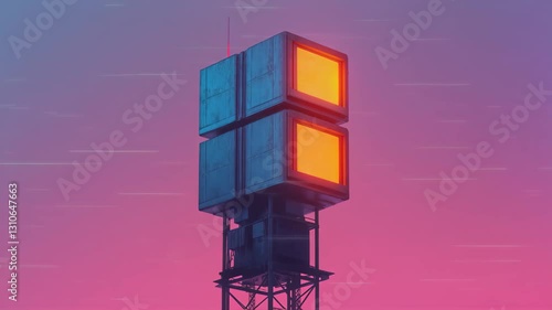 Illuminated 5G radio tower against pink sunset sky with static overlay retro effect