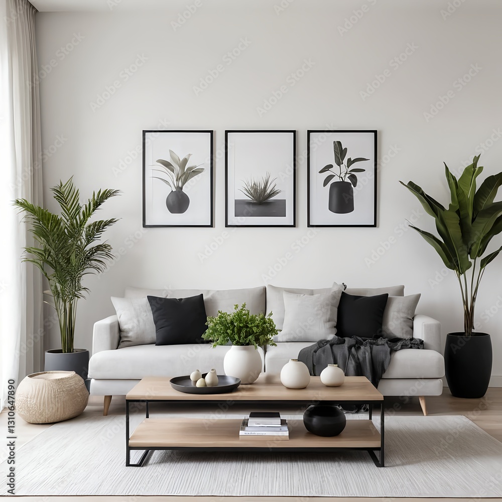 Fototapeta premium Minimalist Living Room Interior Design with Neutral Tones and Greenery