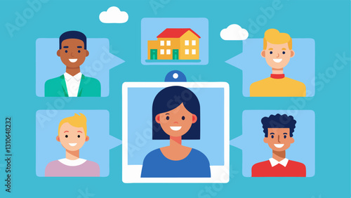 Online Community Several individuals in a virtual video call sharing insights about real estate crowdfunding opportunities with property images displayed in the background.