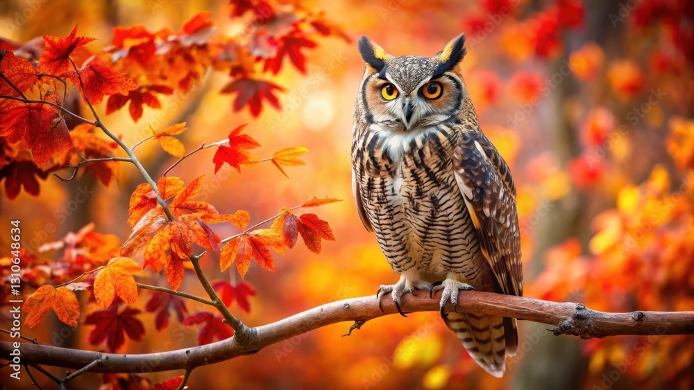 Obraz premium Large owl with majestic plumage perched on a thin branch, surrounded by vibrant autumn leaves in shades of orange and red, wild animal, great horned owl