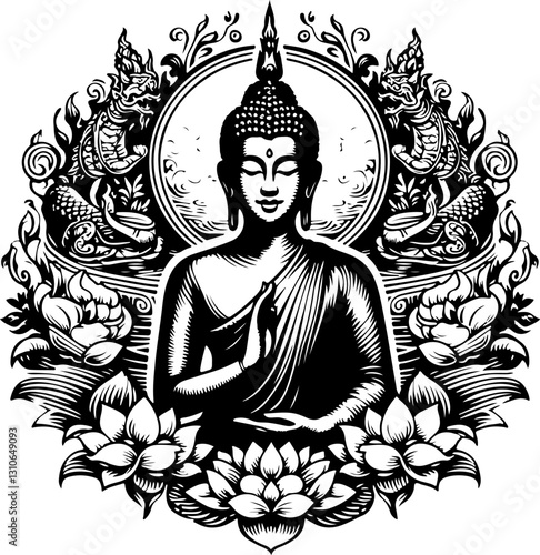 sketch vector illustration silhouette poster design of holy buddha statue meditating for pure heart ethnic traditional classic vintage 