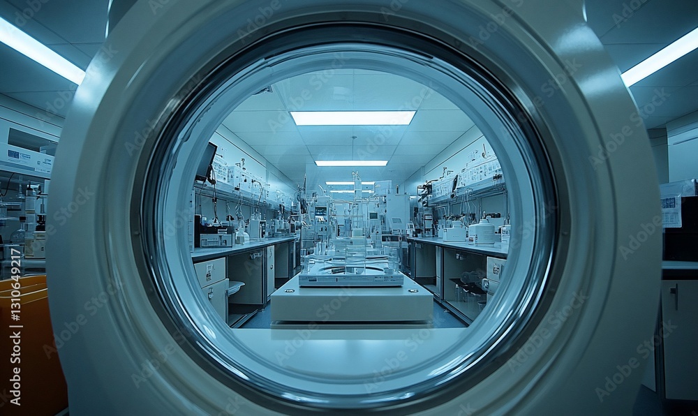 View Through a Circular Portal into a Modern Blue-Toned Laboratory View Through a Circular Portal into a Modern Blue-Toned Laboratory