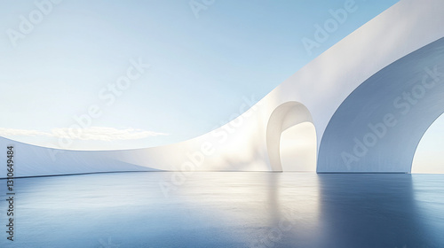 A white building with curved walls on the sea, a 3D rendering of an architectural design style