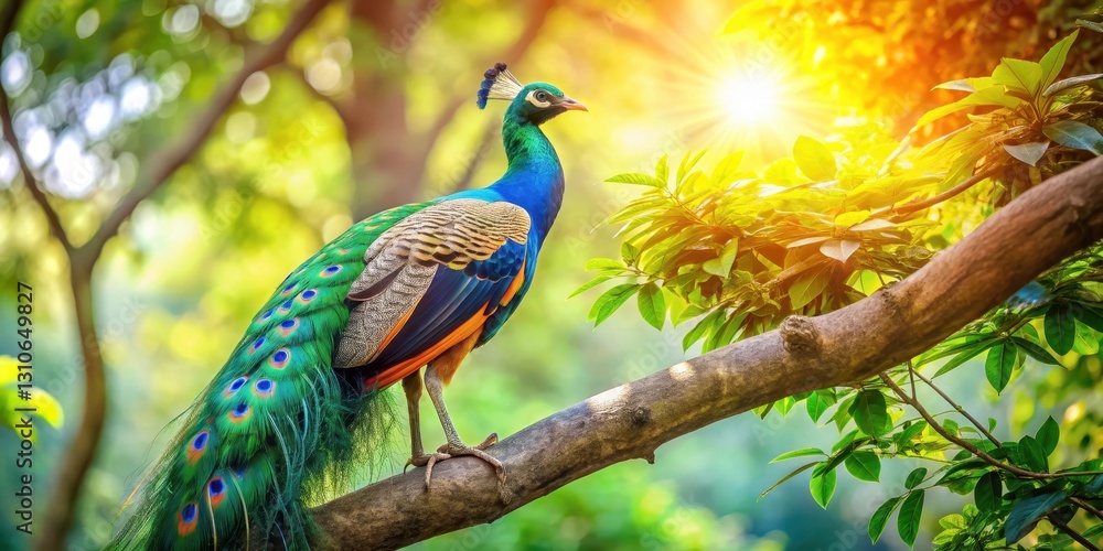 Obraz premium Vibrant plumage against a soft green tree background with sunlight filtering through leaves and branches