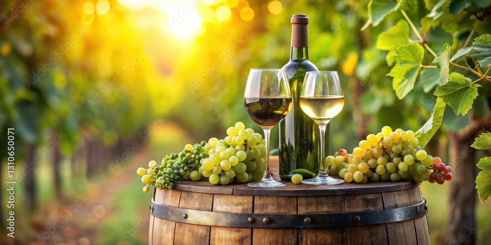 Fototapeta premium Vintage wine bottles surrounded by lush green grapes and wineglasses placed on a wooden barrel in a rustic countryside scene