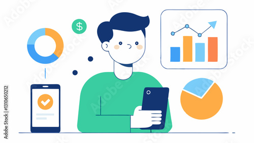 Mobile App for Budgeting An employee happily using a smartphone with an app interface displayed showing charts for tracking spending budget limits and progress toward financial