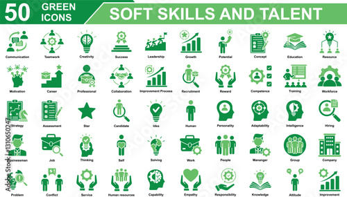 Soft Skills And Talent Icon Set Collection. Containing communication, teamwork, creativity, success, leadership, growth, potential, concept, education, resource, job. Simple Green Vector Illustration.