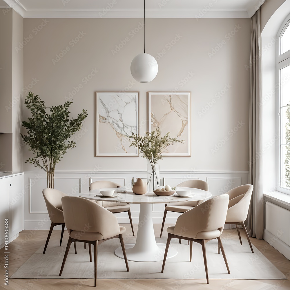 Modern Beige Dining Room Interior with Marble Table Modern Beige Dining Room Interior with Marble Table