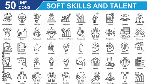 Soft Skills And Talent Icon Set Collection. Containing communication, teamwork, creativity, success, leadership, growth, potential, concept, education, resource, job. Simple Line Vector Illustration.