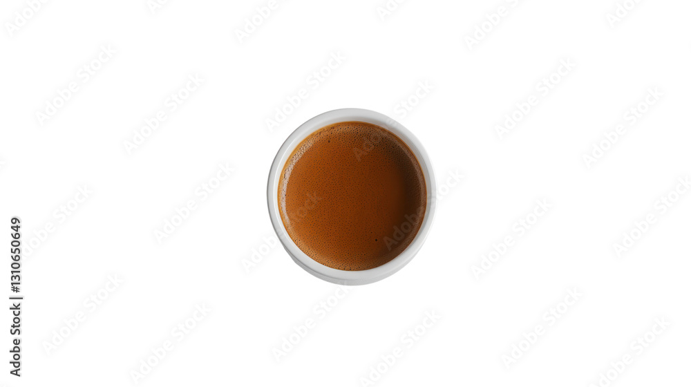 Obraz premium Top view of a small cup filled with brown liquid, isolated on a black background.