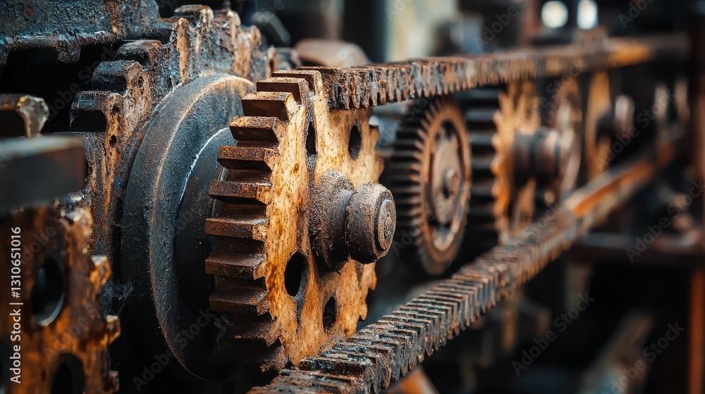 Fototapeta premium Abandoned Factory with Rusted Machinery and Gears in Close Up View