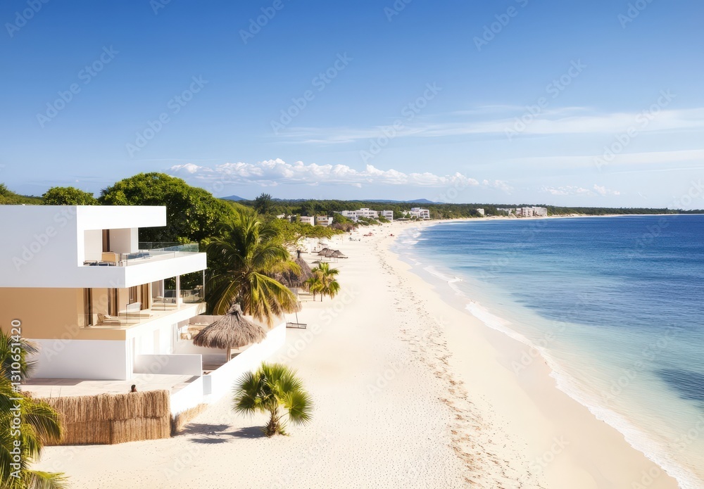 Obraz premium Serene Tropical Beach View with Palm Trees and Sand