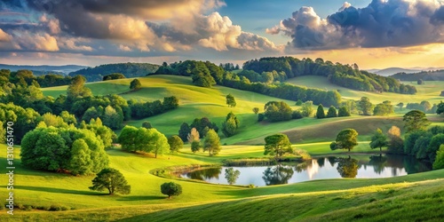 Serene landscape of Georgia with gentle rolling hills and lush green trees stretching towards the sky, reflecting a sense of peace and tranquility , beautiful landscape, georgia